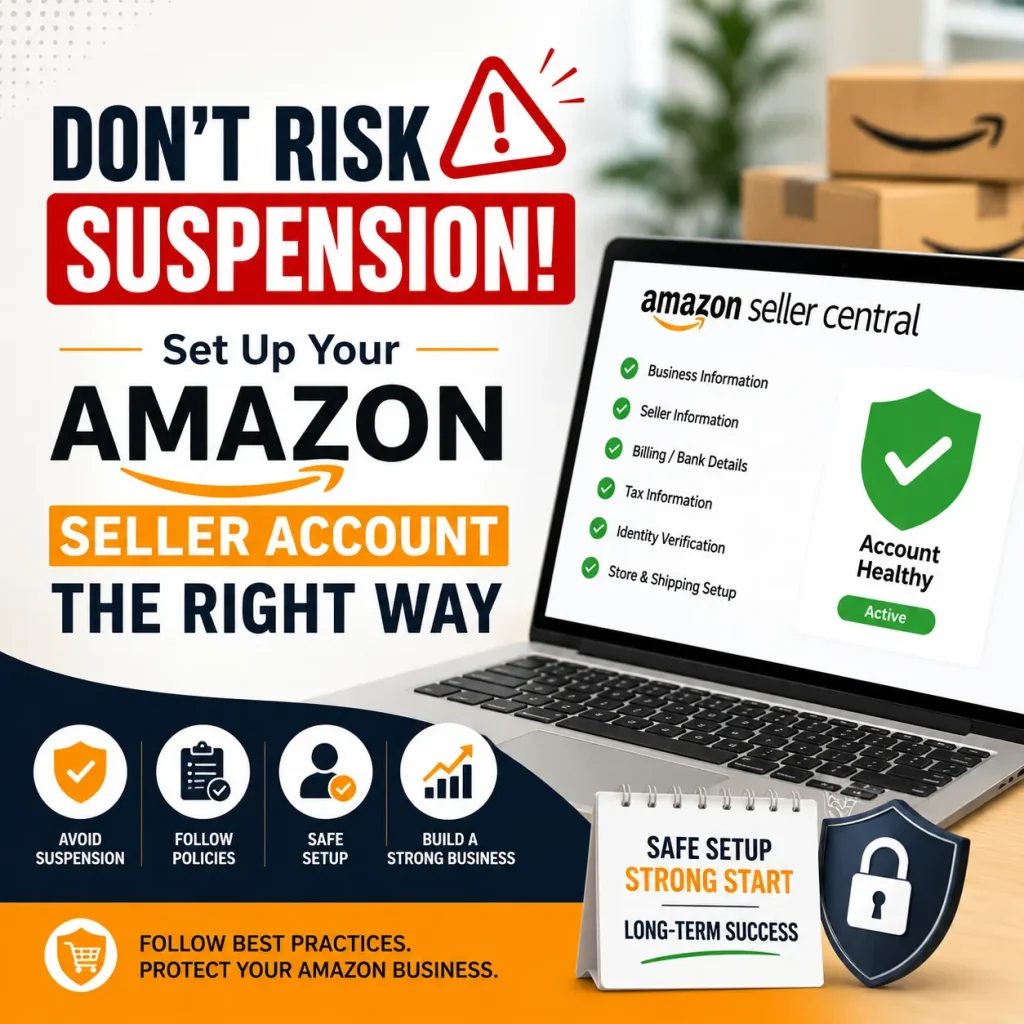 amazon seller account setup guide showing seller central verification, account health, compliance checklist, and tips to avoid suspension